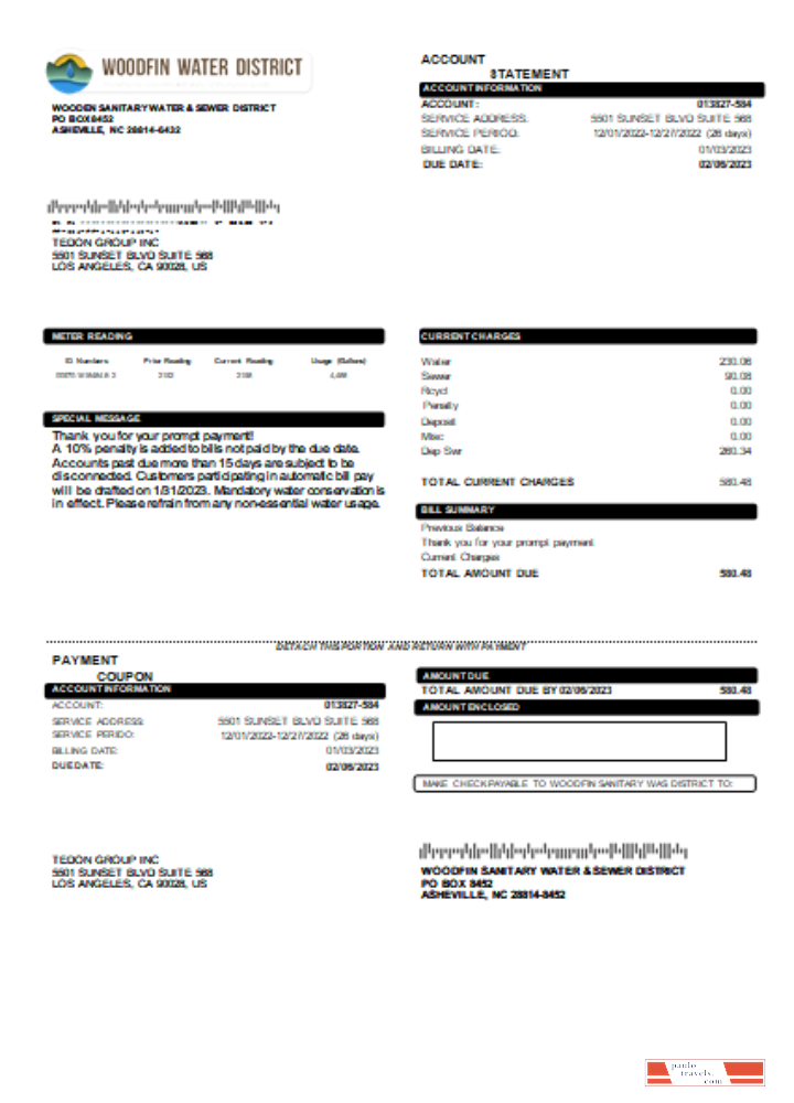 Woodfin Sanitary Water & Sewer District utility business bill, SCR PSD template